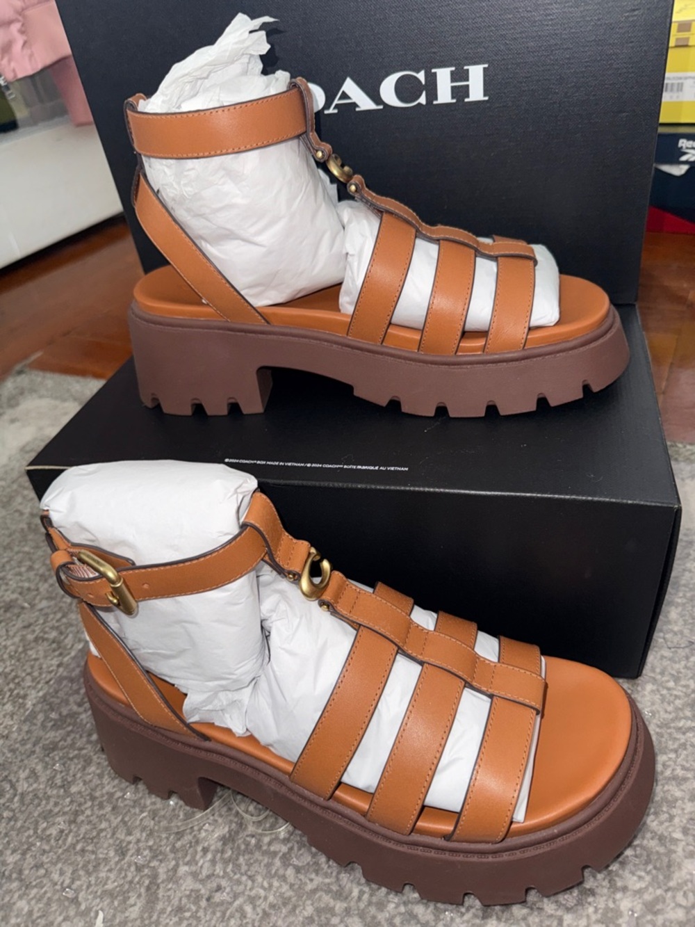 Coach Brown Leather Platform Gladiator Sandals with Gold-Tone Hardware - Picture 4 of 10